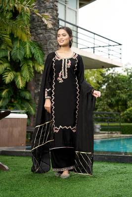 Nikhaar black hand embroidery art silk stitched straight cut  palazzo kurta & dupatta  1