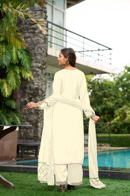 Nikhaar cream hand embroidery art silk stitched straight cut  palazzo kurta & dupatta  3