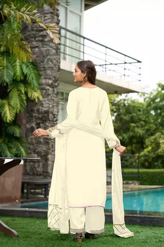 Nikhaar cream hand embroidery art silk stitched straight cut  palazzo kurta & dupatta 