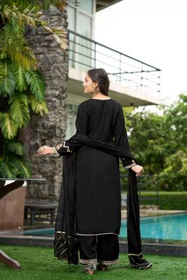 Nikhaar black hand embroidery art silk stitched straight cut  palazzo kurta & dupatta  3