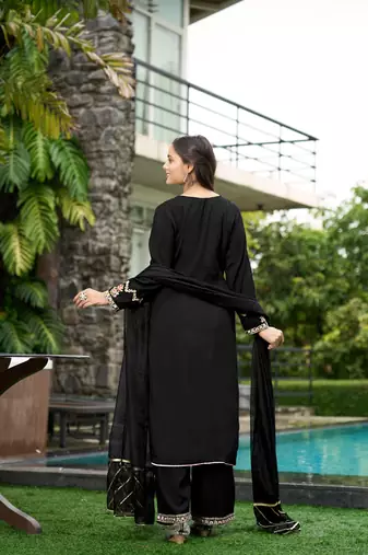 Nikhaar black hand embroidery art silk stitched straight cut  palazzo kurta & dupatta 