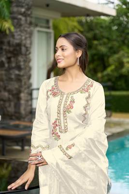 Nikhaar cream hand embroidery art silk stitched straight cut  palazzo kurta & dupatta  4