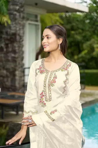 Nikhaar cream hand embroidery art silk stitched straight cut  palazzo kurta & dupatta 