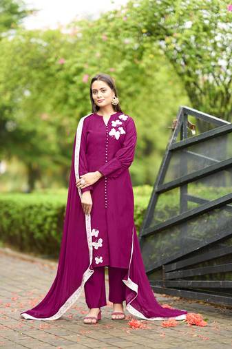 Nikhaar dark-pink hand embroidery art silk stitched straight cut  trouser kurta & dupatta 