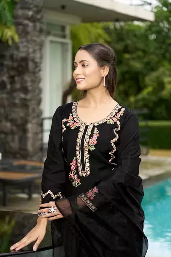 Nikhaar black hand embroidery art silk stitched straight cut  palazzo kurta & dupatta 