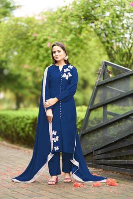 Nikhaar blue hand embroidery art silk stitched straight cut  trouser kurta & dupatta  1