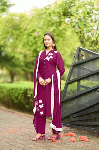 Nikhaar dark-pink hand embroidery art silk stitched straight cut  trouser kurta & dupatta 