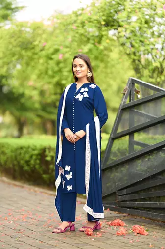 Nikhaar blue hand embroidery art silk stitched straight cut  trouser kurta & dupatta 