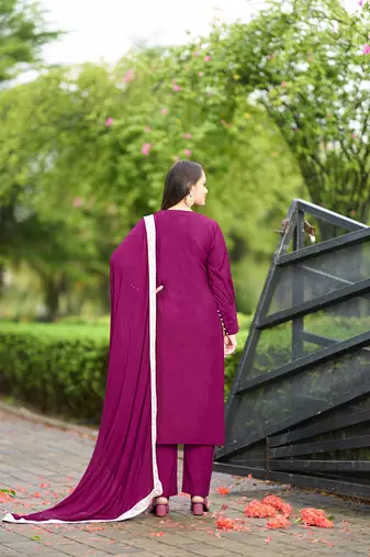 Nikhaar dark-pink hand embroidery art silk stitched straight cut  trouser kurta & dupatta 