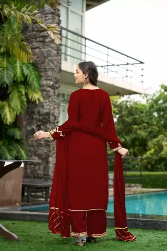 Nikhaar maroon hand embroidery art silk stitched straight cut  palazzo kurta & dupatta 