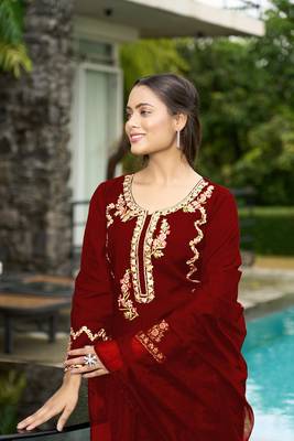 Nikhaar maroon hand embroidery art silk stitched straight cut  palazzo kurta & dupatta  1