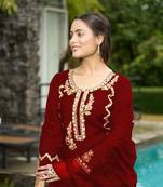 Nikhaar maroon hand embroidery art silk stitched straight cut  palazzo kurta & dupatta 