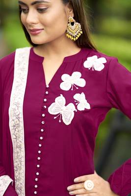 Nikhaar dark-pink hand embroidery art silk stitched straight cut  trouser kurta & dupatta  5