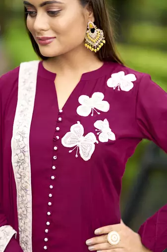 Nikhaar dark-pink hand embroidery art silk stitched straight cut  trouser kurta & dupatta 
