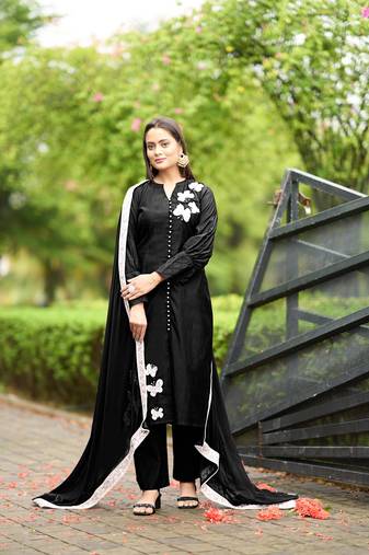 Nikhaar black hand embroidery art silk stitched straight cut  trouser kurta & dupatta 