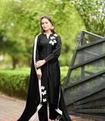 Nikhaar black hand embroidery art silk stitched straight cut  trouser kurta & dupatta 