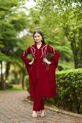 Nikhaar maroon hand embroidery art silk stitched straight cut  trouser kurta & dupatta  1