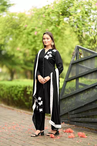 Nikhaar black hand embroidery art silk stitched straight cut  trouser kurta & dupatta 