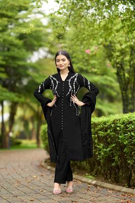 Nikhaar black hand embroidery art silk stitched straight cut  trouser kurta & dupatta  1