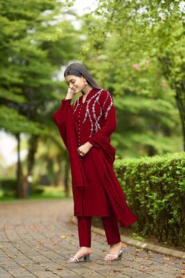 Nikhaar maroon hand embroidery art silk stitched straight cut  trouser kurta & dupatta  3