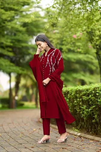 Nikhaar maroon hand embroidery art silk stitched straight cut  trouser kurta & dupatta 