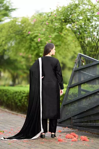 Nikhaar black hand embroidery art silk stitched straight cut  trouser kurta & dupatta 