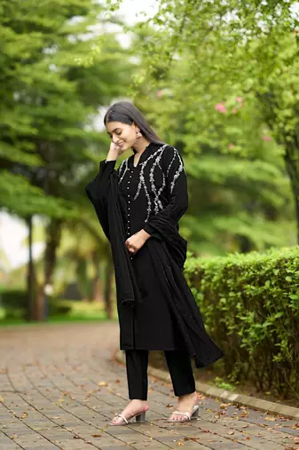 Nikhaar black hand embroidery art silk stitched straight cut  trouser kurta & dupatta 