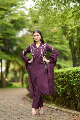 Nikhaar violet hand embroidery art silk stitched straight cut  trouser kurta & dupatta  1