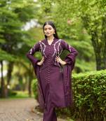 Nikhaar violet hand embroidery art silk stitched straight cut  trouser kurta & dupatta 