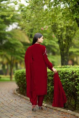 Nikhaar maroon hand embroidery art silk stitched straight cut  trouser kurta & dupatta  4