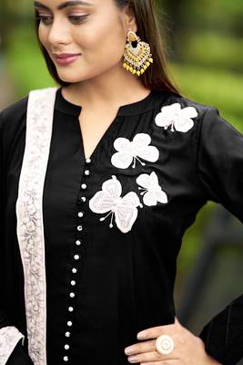 Nikhaar black hand embroidery art silk stitched straight cut  trouser kurta & dupatta  5