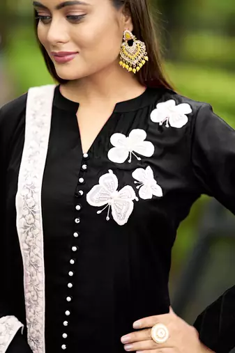 Nikhaar black hand embroidery art silk stitched straight cut  trouser kurta & dupatta 