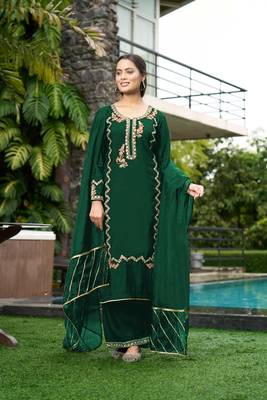 Nikhaar green hand embroidery art silk stitched straight cut  palazzo kurta & dupatta  1