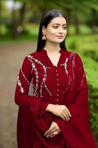 Nikhaar maroon hand embroidery art silk stitched straight cut  trouser kurta & dupatta 