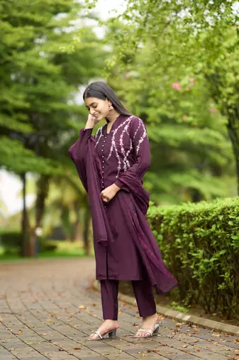 Nikhaar violet hand embroidery art silk stitched straight cut  trouser kurta & dupatta 