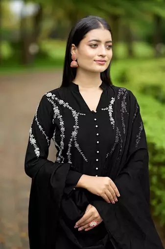 Nikhaar black hand embroidery art silk stitched straight cut  trouser kurta & dupatta 