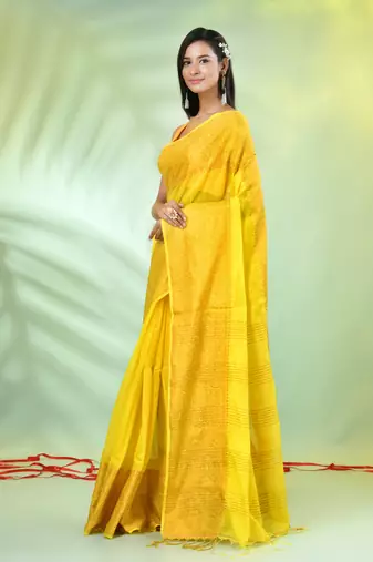 Yellow cotton saree with zari borders
