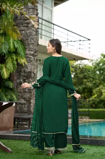 Nikhaar green hand embroidery art silk stitched straight cut  palazzo kurta & dupatta 