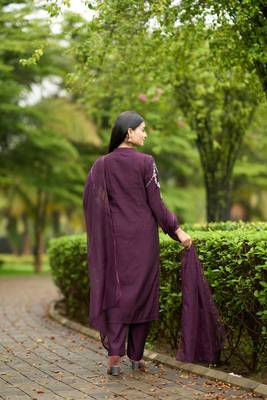 Nikhaar violet hand embroidery art silk stitched straight cut  trouser kurta & dupatta  4