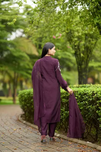 Nikhaar violet hand embroidery art silk stitched straight cut  trouser kurta & dupatta 