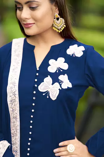 Nikhaar blue hand embroidery art silk stitched straight cut  trouser kurta & dupatta 