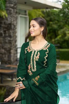 Nikhaar green hand embroidery art silk stitched straight cut  palazzo kurta & dupatta  4