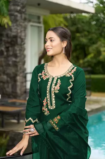 Nikhaar green hand embroidery art silk stitched straight cut  palazzo kurta & dupatta 