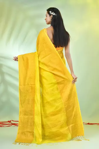 Yellow cotton saree with zari borders
