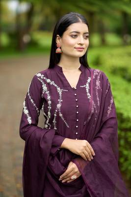 Nikhaar violet hand embroidery art silk stitched straight cut  trouser kurta & dupatta  5