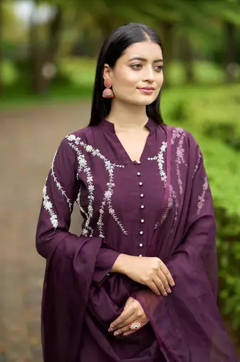 Nikhaar violet hand embroidery art silk stitched straight cut  trouser kurta & dupatta 