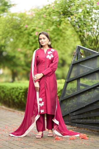 Nikhaar pink hand embroidery art silk stitched straight cut  trouser kurta & dupatta 