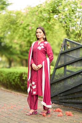 Nikhaar pink hand embroidery art silk stitched straight cut  trouser kurta & dupatta  3