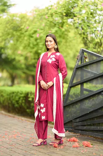 Nikhaar pink hand embroidery art silk stitched straight cut  trouser kurta & dupatta 