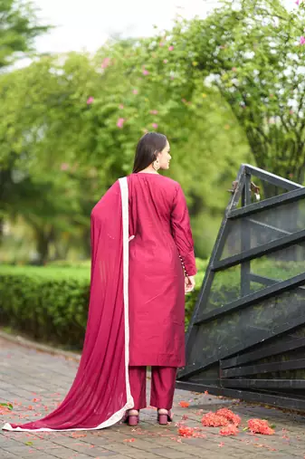 Nikhaar pink hand embroidery art silk stitched straight cut  trouser kurta & dupatta 